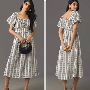 Maeve Puff-Sleeve Square-Neck Smocked Midi Dress— size Large